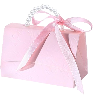 Pink gift box with a pearl handle and ribbon on a white background